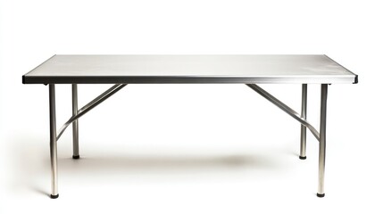 A stainless steel folding table isolated on a white background.
