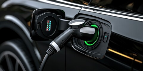 Naklejka premium A close-up of an electric vehicle charging port, showcasing a charging cable connected to the vehicle, indicating an eco-friendly energy source.