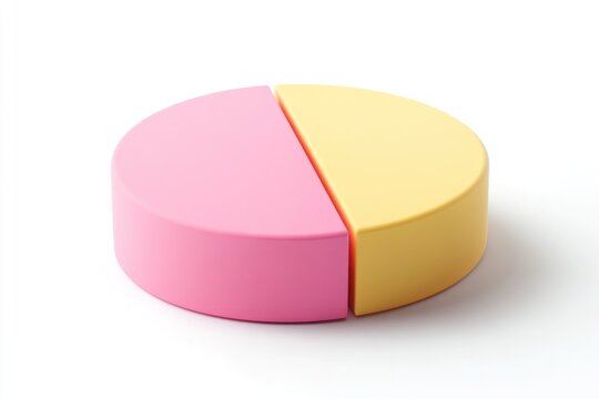 A 3D pie chart divided in half, one half is pink and the other half is yellow.