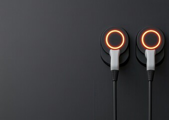 A pair of modern, circular wireless charging pads with glowing indicators against a textured dark background.