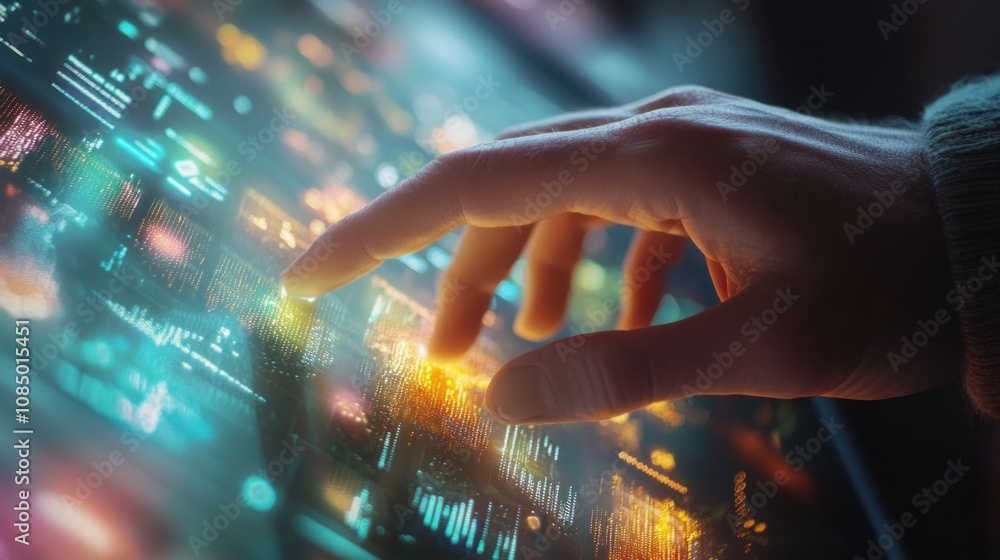 Poster close up of human hand touching digital screen with binary code. technology concept - generated ai