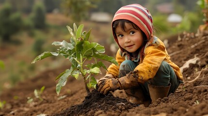 35. Young child helping to plant a tree, symbolizing future generations committed to net-zero