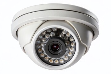 Ceiling-Mounted Security Camera with Focused Lens Isolated on White Background for Architectural Photography and Surveillance Equipment Showcase