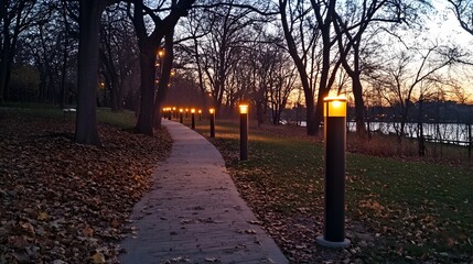 41. Solar-powered public park lights illuminating a path at dusk