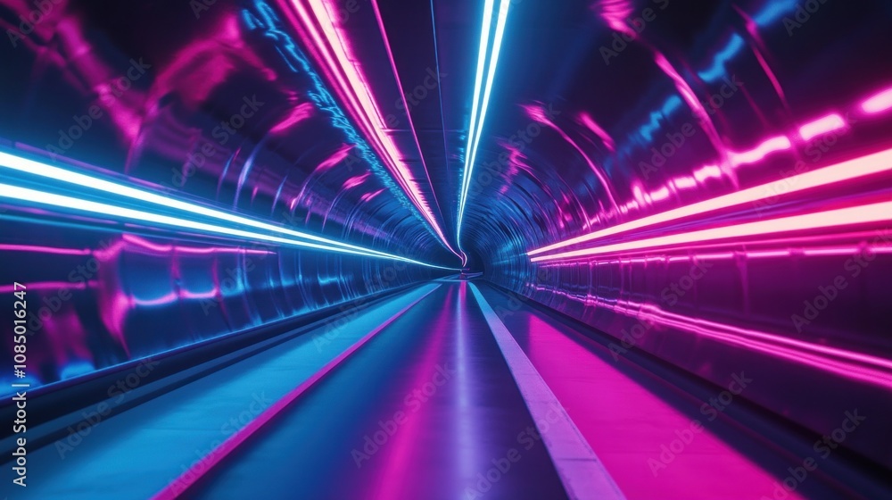 Poster futuristic tunnel with neon lights. abstract background. 3d rendering - generated ai
