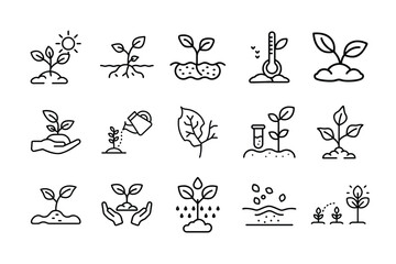 Naklejka premium Plant Growing Line Icons Set - Spring Growth Stages, Seeds, Seedlings, Drought, Soil Testing, Agriculture Outline Vector