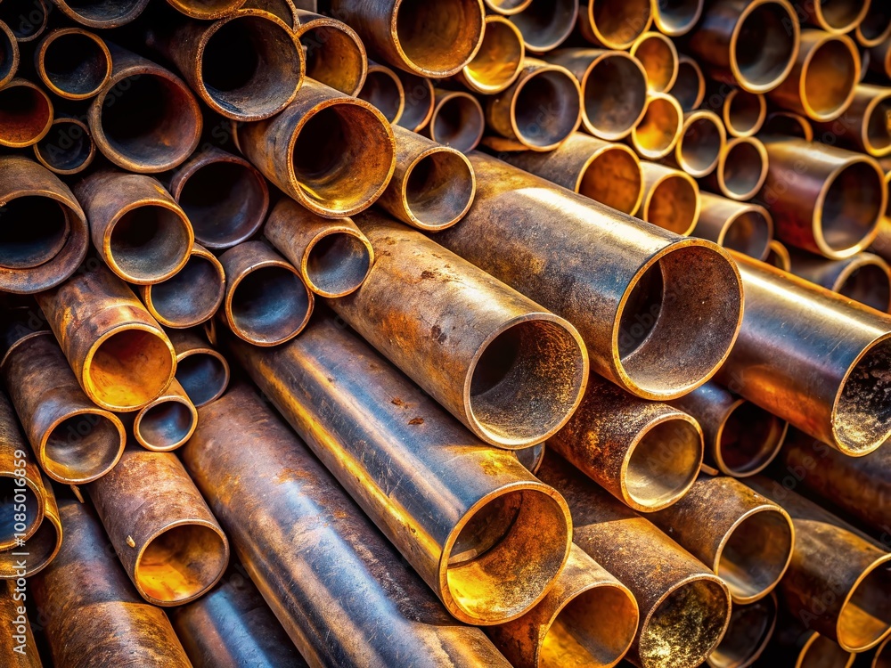 Poster close-up macro photography of a stack of metallic pipes showcasing rusty textures and industrial des