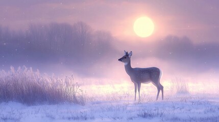 Deer standing in a snowy field at sunrise nature photography winter landscape tranquil environment serene viewpoint