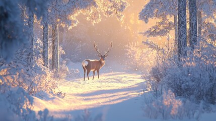 Majestic deer in a snowy forest winter wonderland nature photography serene landscape warm light wildlife concept