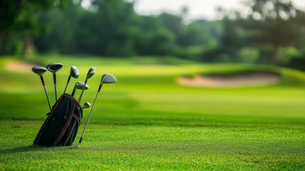 A serene golfing session on a lush green course, Golf clubs and tees set for precision play, Leisurely sport style
