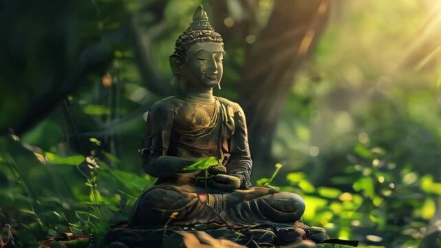Greeting card with ancient statue great Buddha on holiday composition
