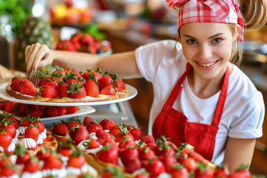 A woman is smiling while holding a fork and a plate of strawberries