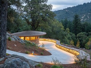 Fototapeta premium green building Materials of Scenic pathway leading to a modern pavilion surrounded by lush greenery and trees.