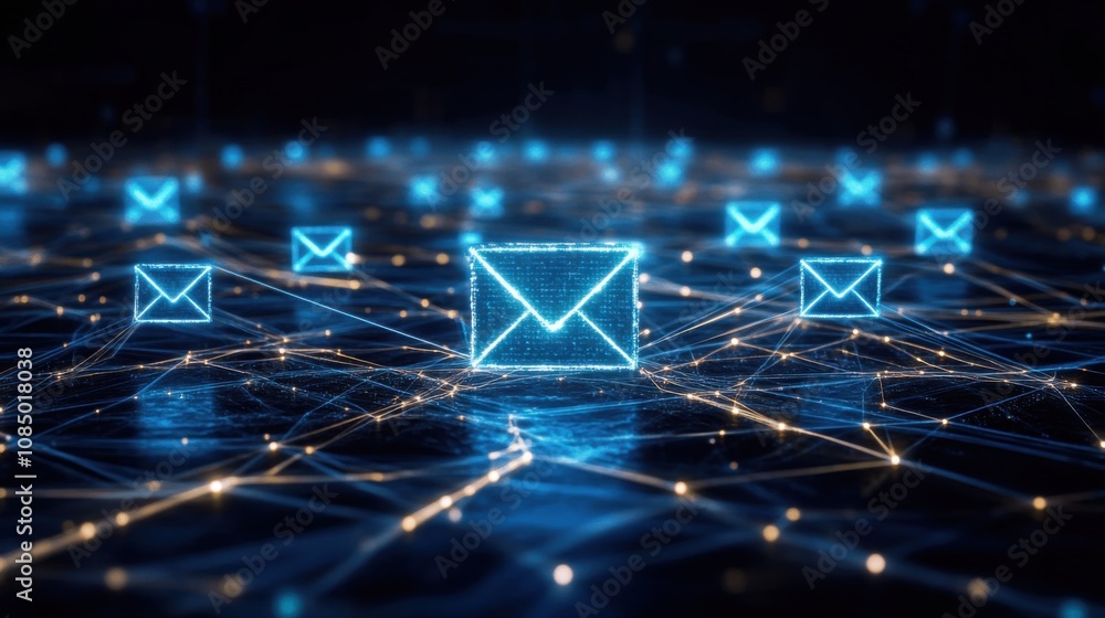 Poster glowing blue mail icon surrounded by streams of digital data symbolizing communication