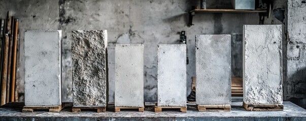green building Materials of Weathered concrete slabs lined up on wooden pallets in a workshop setting.