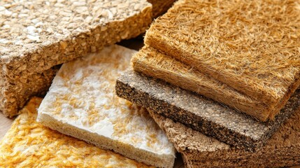 green building Materials of Textured sheets of various materials in neutral tones stacked together, showcasing different surfaces.