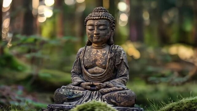 Greeting card with ancient statue great Buddha on holiday composition