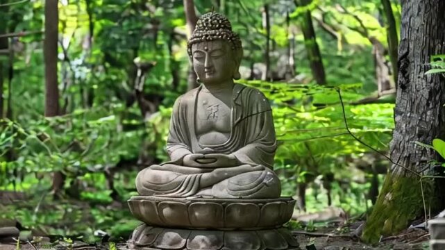 Greeting card with ancient statue great Buddha on holiday composition