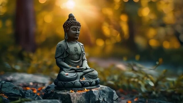 Greeting card with ancient statue great Buddha on holiday composition