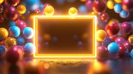 Neon glowing frame surrounded by colorful balls in a playful composition
