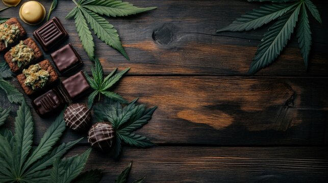 Cannabis edibles like cookies and chocolates displayed with cannabis leaves on a dark wooden surface, showcasing variety