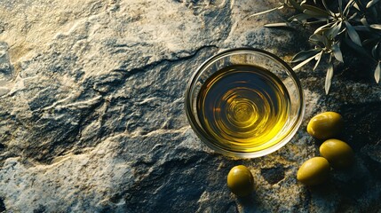 Golden olive oil in a clear glass bowl, surrounded by ripe olives, isolated on a smooth stone background with rustic touches