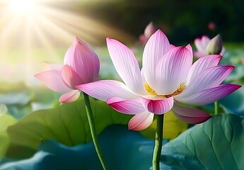 Obraz premium Exquisite Lotus Flowers Blooming Gracefully in Sunlight, Symbolizing Purity and Tranquility with Soft Petals and Lush Green Leaves in a Serene Setting