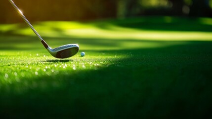 A serene golfing session on a lush green course, Golf clubs and tees set for precision play, Leisurely sport style