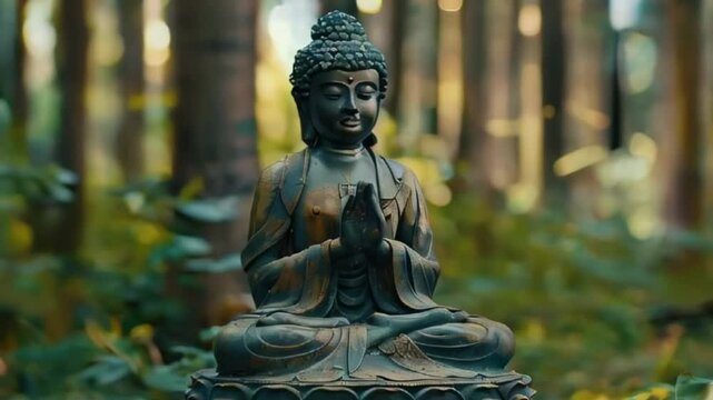 Greeting card with ancient statue great Buddha on holiday composition