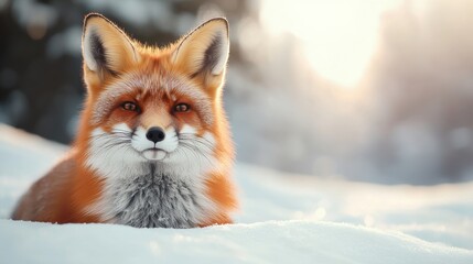Fototapeta premium Winter wildlife close-ups. A beautiful fox resting in the serene snowy landscape.