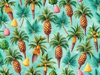 Fototapeta premium Vintage Summer Seamless Pattern - Palm Trees, Pineapples, Ice Cream