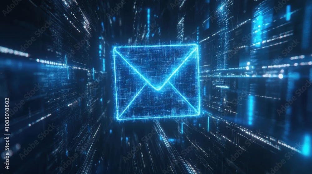 Aufkleber glowing blue mail icon surrounded by streams of digital data symbolizing communication