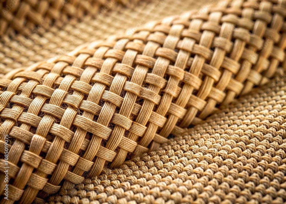Poster close-up of woven beige fabric texture captured in low light, showcasing intricate patterns and soft