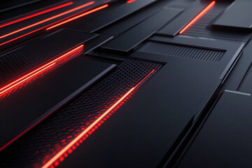 Futuristic Red and Black Abstract Design with Geometric Lines and Metallic Accents