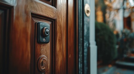 Obraz premium Close-up of Doorbell Camera on Wooden Door