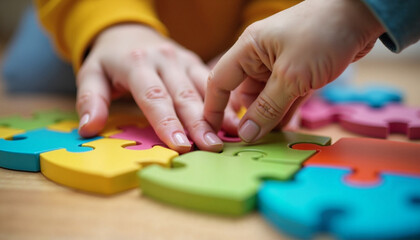 A joyful moment of collaboration as hands connect colorful puzzle pieces during an autism awareness activity