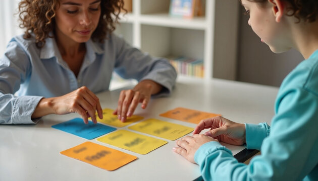 Engaging autism therapy session focusing on interactive learning with colorful cards indoors