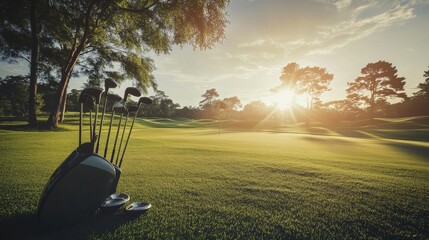 A serene golfing session on a sunlit fairway, Golf clubs and tees set up for tee-off, Classic sports style