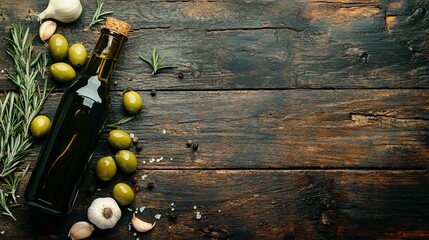 Naklejka premium Rustic bottle of olive oil on a weathered wooden table, surrounded by fresh green olives, garlic cloves, and rosemary sprigs