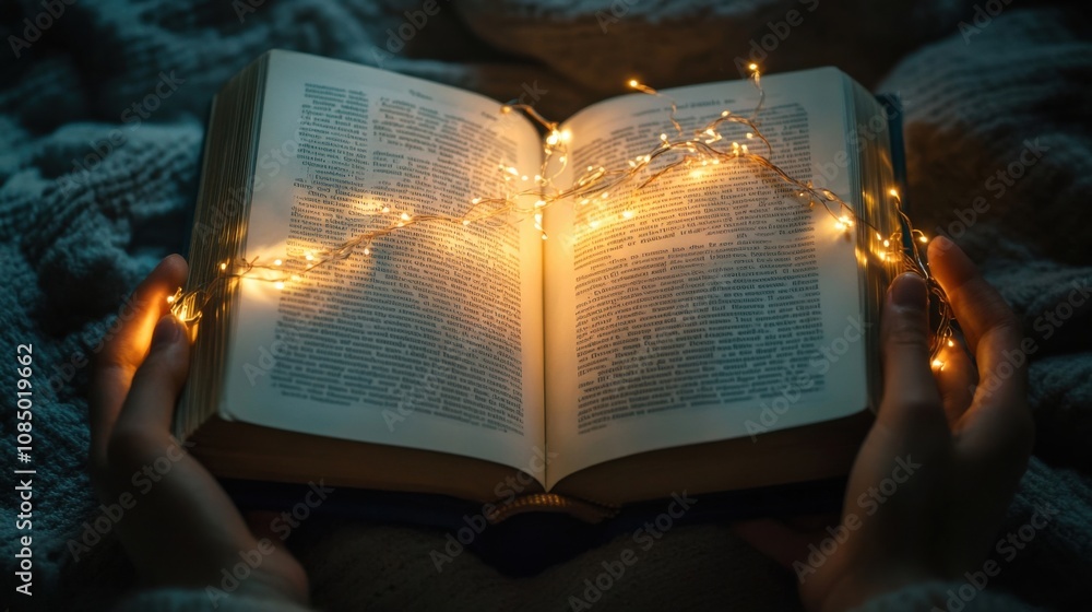 Poster an open book glowing with magical lights symbolizing creativity and imagination