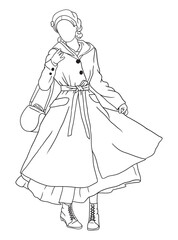 Classic black-and-white artwork depicting a young woman in vintage clothing. A nostalgic, retro-style illustration, ideal for historical, fashion, or artistic themes.