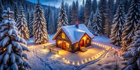 Winter Wooden Cabin Glowing with Fairy Lights
