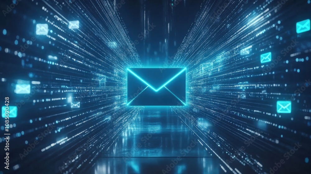 Poster glowing blue mail icon surrounded by streams of digital data symbolizing communication