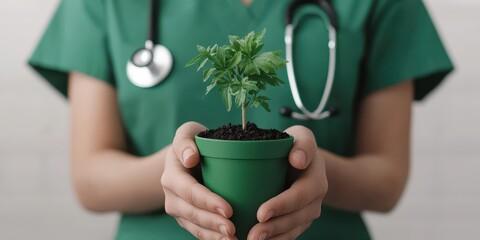 Health care worker promotes sustainability efforts. A healthcare professional in green scrubs holds a small potted plant, symbolizing the connection between health and nature.