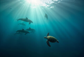 Serene Underwater Scene with Dolphins and Sea Turtle