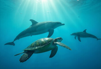 Dolphins and Sea Turtle Swimming Underwater in Sunlit Ocean
