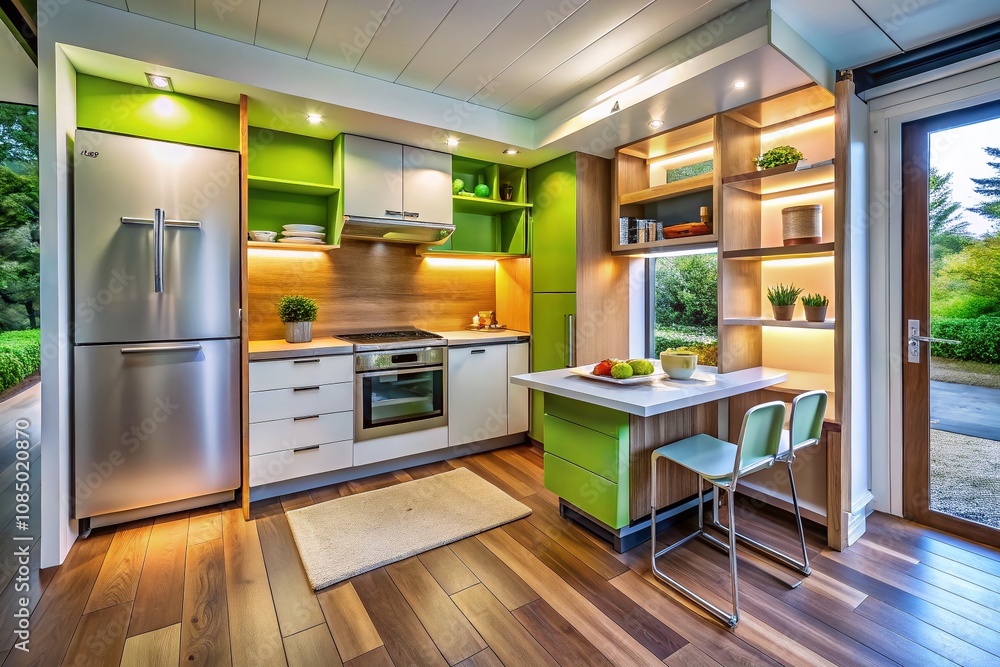 Poster compact foldable kitchen in a minimalist tiny house design with ample copy space for modern living a