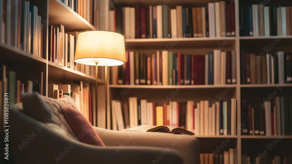 Aufkleber A serene library reading nook with books and a reading lamp neatly set up, A cozy corner with comfortable seating and soft lighting, Minimalist intellectual style