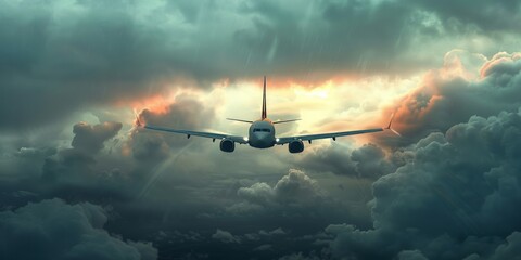 Fototapeta premium Airplane Soaring Through Dramatic Skies: A Breathtaking Flight Above the Clouds