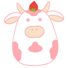 Cute cow cartoon with pink polka dots and strawberries on its head.